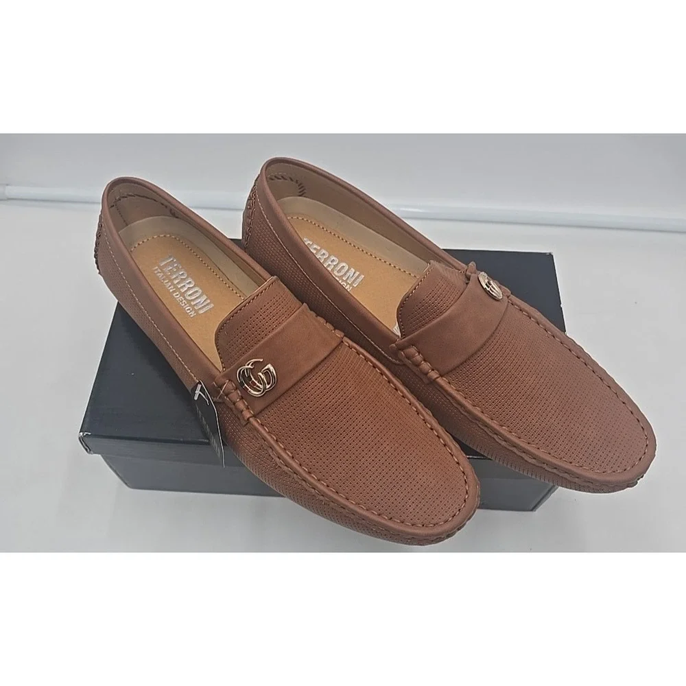Terroni Leather Men's Cognac 12 Slip On Loafers Dress Shoe Holiday‎ Gift